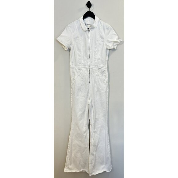 FREE PEOPLE Jayde Denim Flared Jumpsuit in Pure White Size Large - Picture 4 of 10